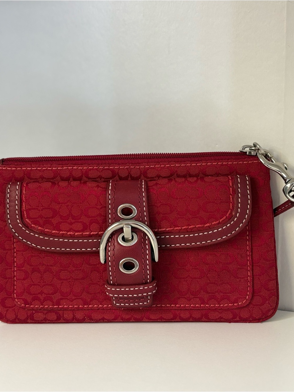 Coach Red Signature Canvas Wristlet with Silver Buckle
